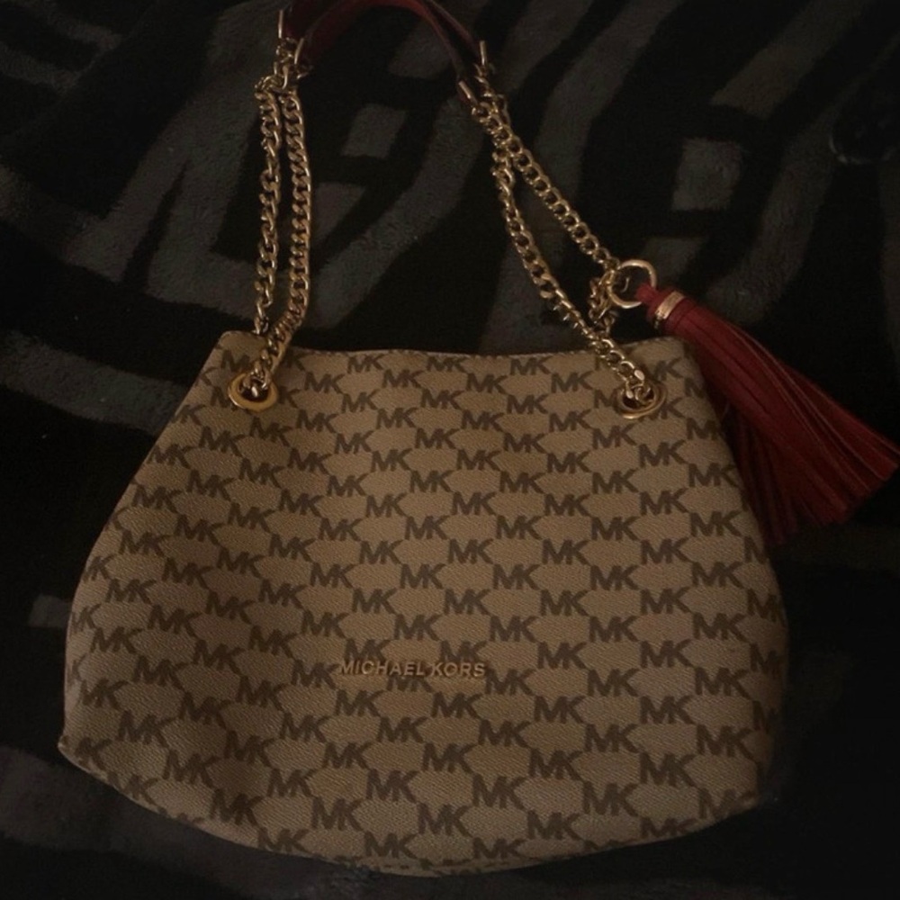Michael Kors Tan Shoulder Bag with Gold Chain and Red Tassel